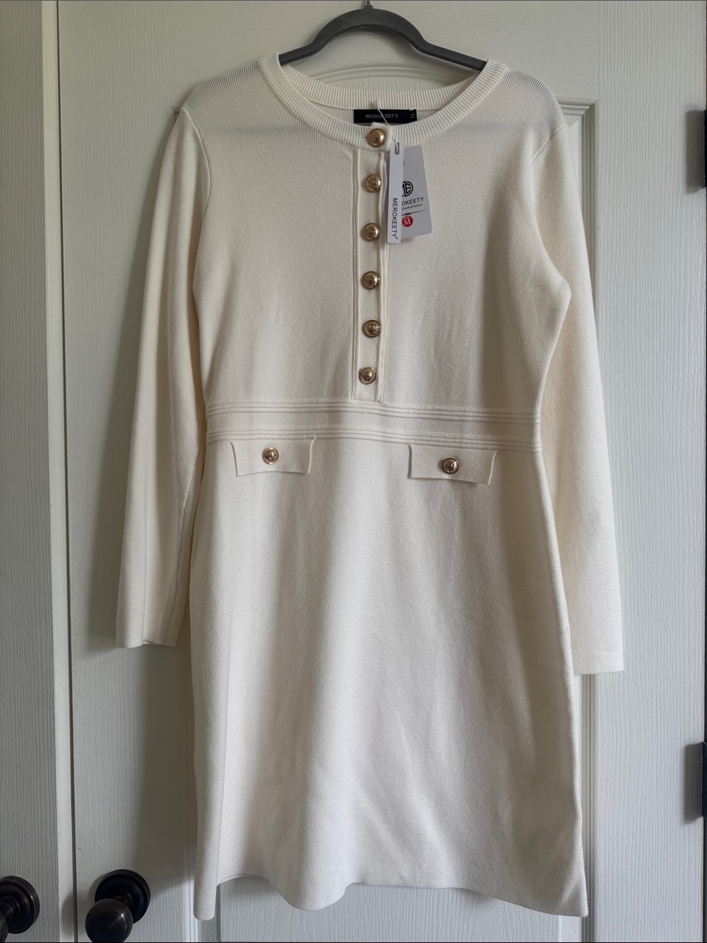 Cream Long Sleeve Button Knit Dress